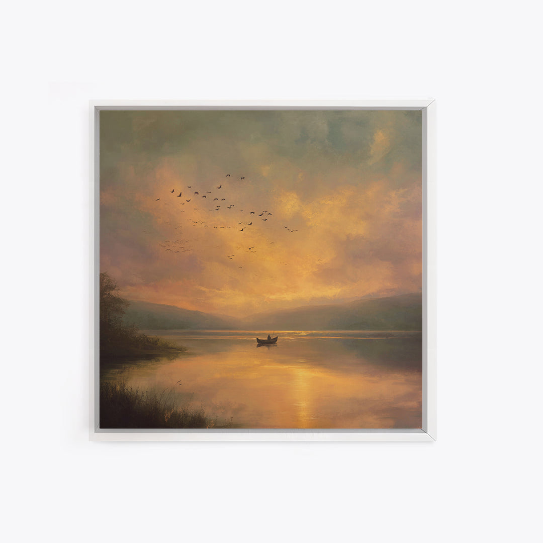 Golden Sunset Rowboat Landscape Wall Art, Romantic Lake Canvas Print For Cozy Living Room Decor And Bedroom Wall