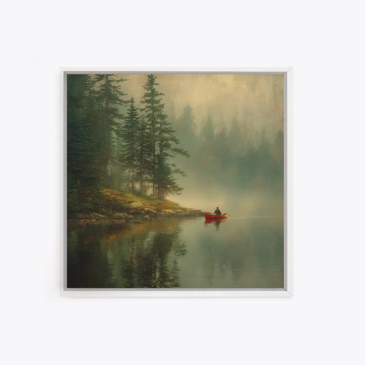 Misty Forest Lake With Red Canoe Wall Art, Peaceful Morning Landscape Canvas Print, Cozy Cabin Decor Artwork
