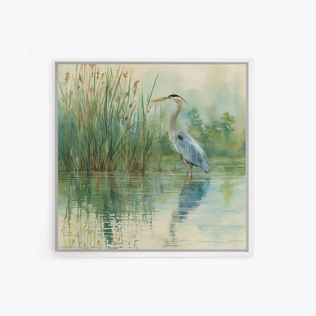 Heron Marsh Watercolor Wall Art, Nature Bird Canvas Print, Tranquil Coastal Landscape Art For Bathroom Or Living Room