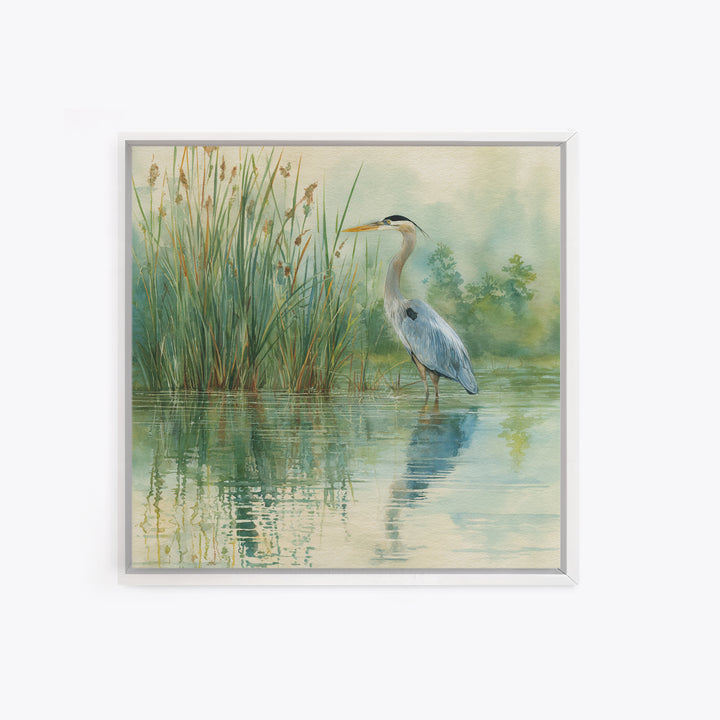 Heron Marsh Watercolor Wall Art, Nature Bird Canvas Print, Tranquil Coastal Landscape Art For Bathroom Or Living Room