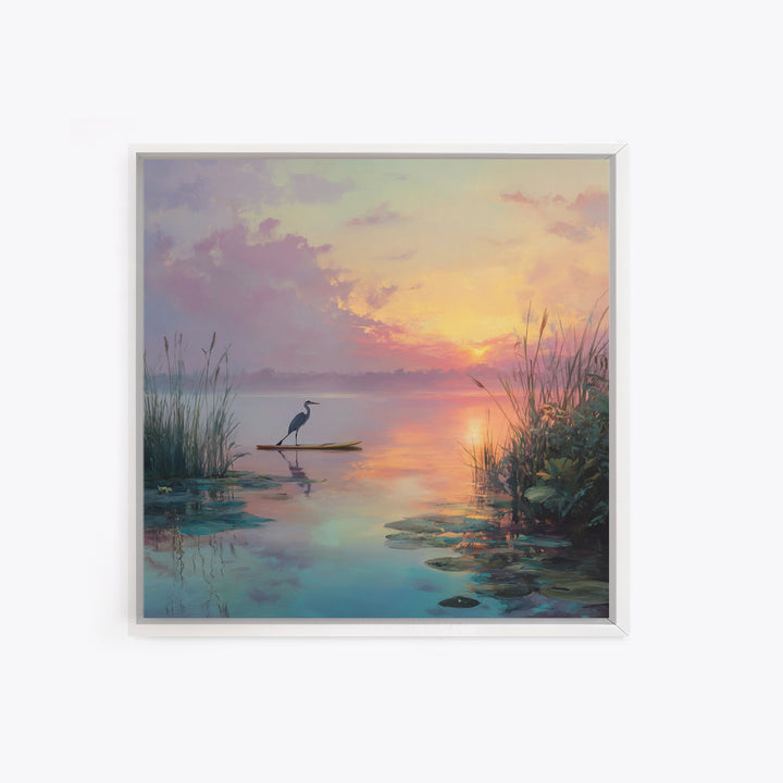 Pastel Lake Sunrise Heron Reeds And Lilies Landscape Wall Art Canvas Print Calming Nature Home Decor Bedroom Wall Art