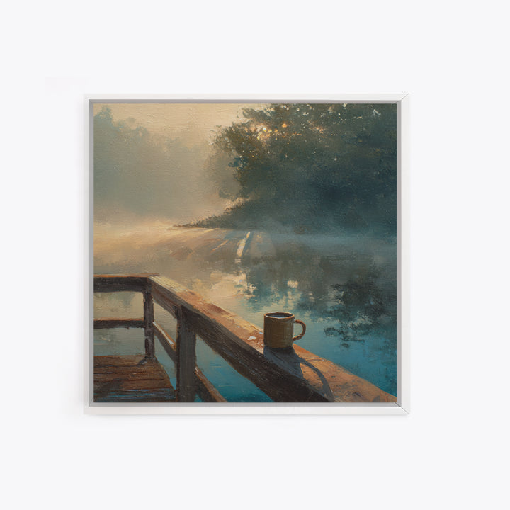 Misty Lake Morning Dock Wall Art, Coffee Mug By Water, Calming Landscape Canvas Print For Bedroom Or Living Room Decor