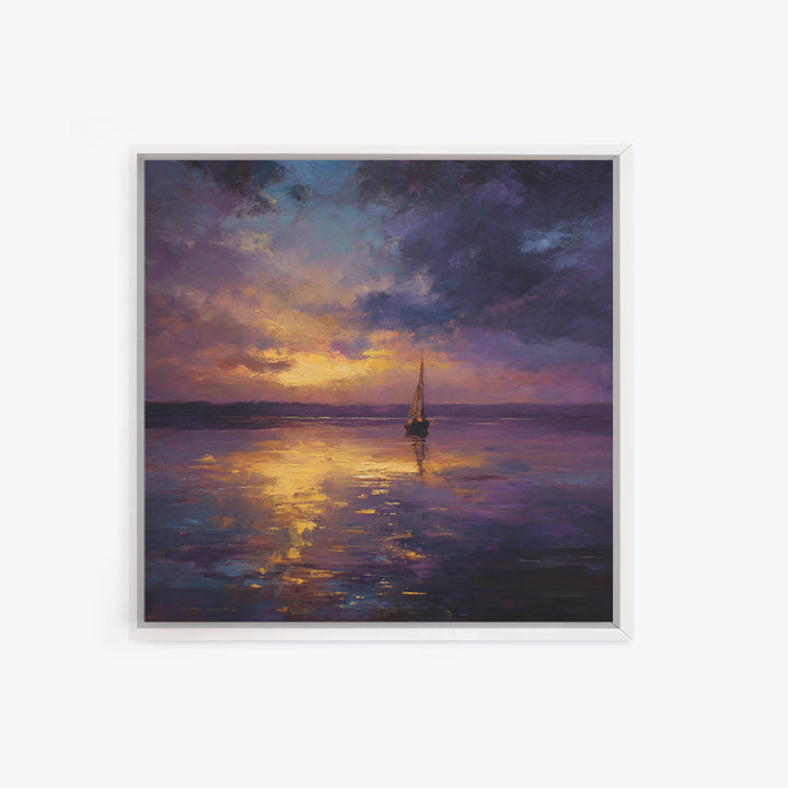 Moody Sailboat Sunset Oil Painting Wall Art, Impressionist Seascape Canvas Print, Calming Coastal Decor For Bedroom Or Living Room