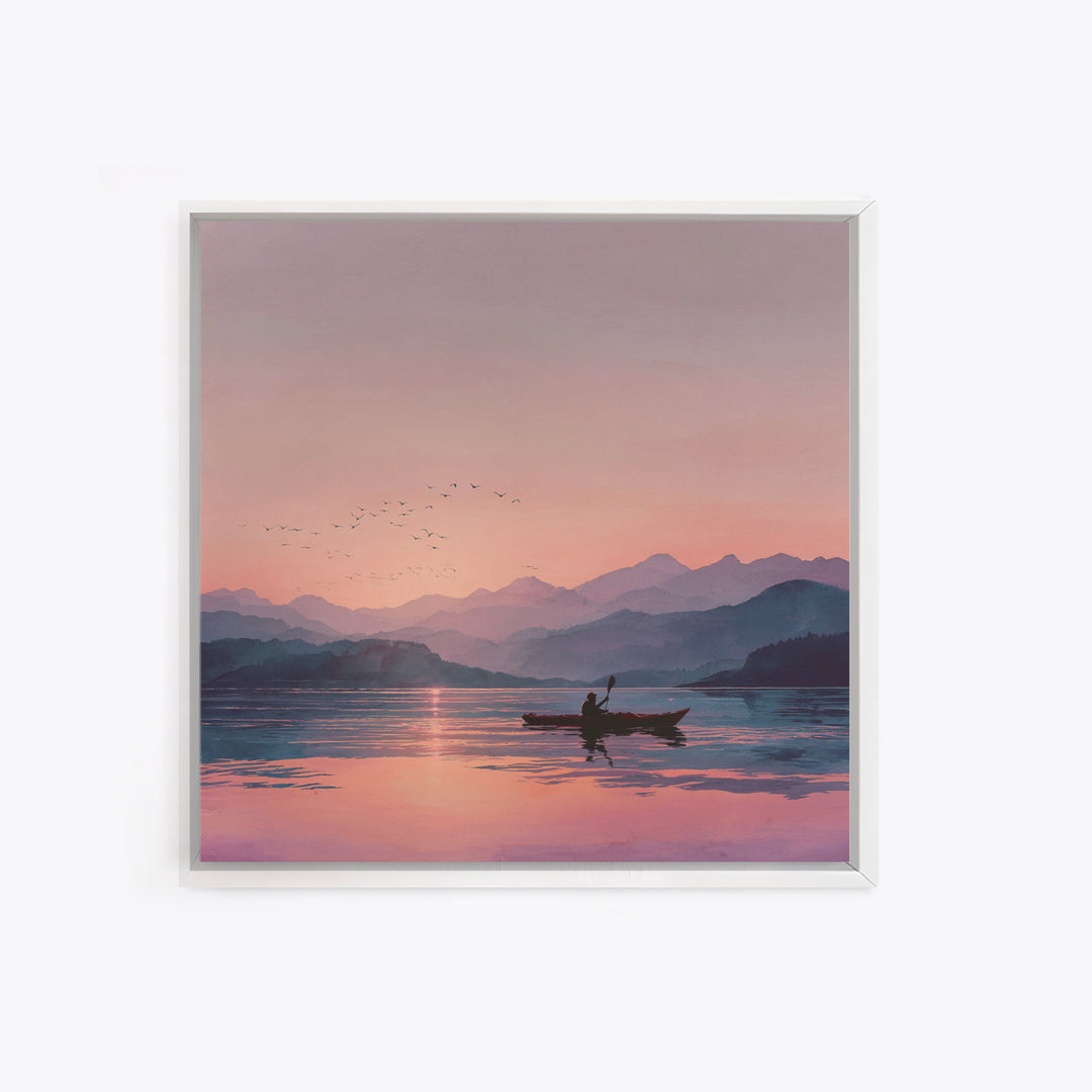 Serene Kayak At Pink Mountain Sunrise Landscape Wall Art, Calming Lake Painting, Nature Home Decor Canvas Print