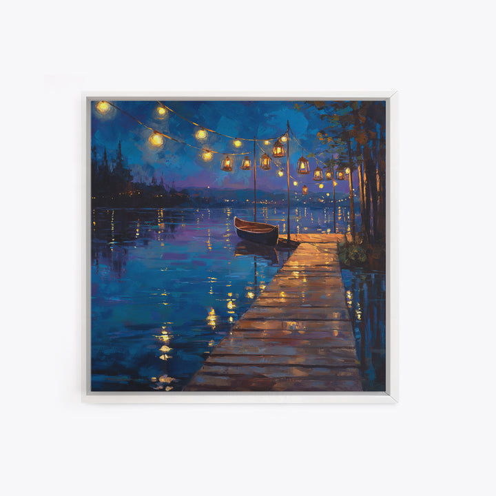 Romantic Lakeside Dock At Night Boat Lights Reflections Wall Art Canvas Print Modern Coastal Home Decor Living Room Wall Art