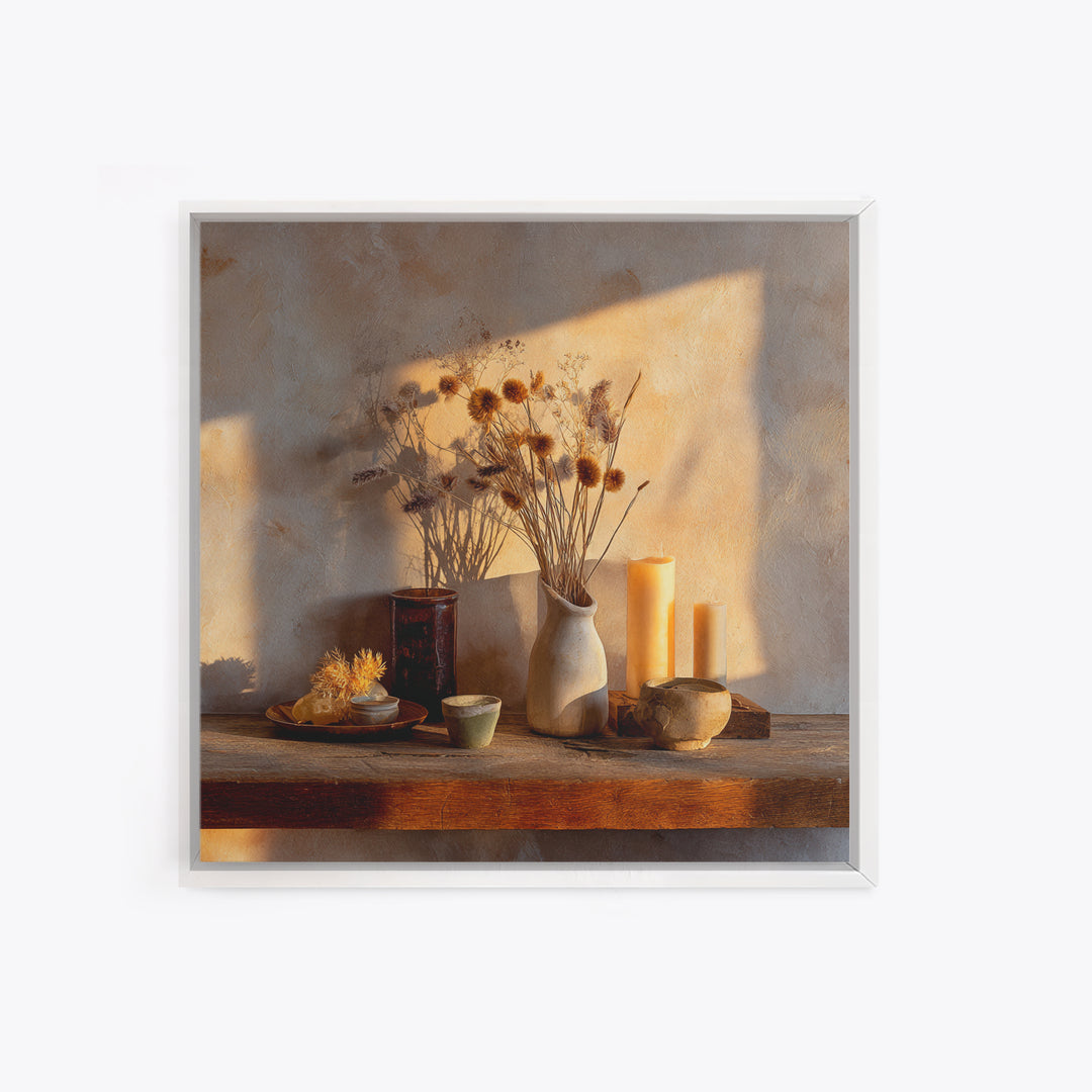 Rustic Dried Flower Still Life With Candles Wall Art, Neutral Wabi Sabi Decor, Farmhouse Shelf Fine Art Print, Warm Earth Tone Home Decor
