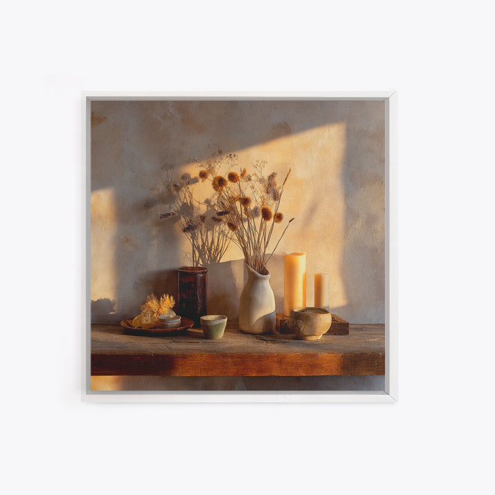 Rustic Dried Flower Still Life With Candles Wall Art, Neutral Wabi Sabi Decor, Farmhouse Shelf Fine Art Print, Warm Earth Tone Home Decor