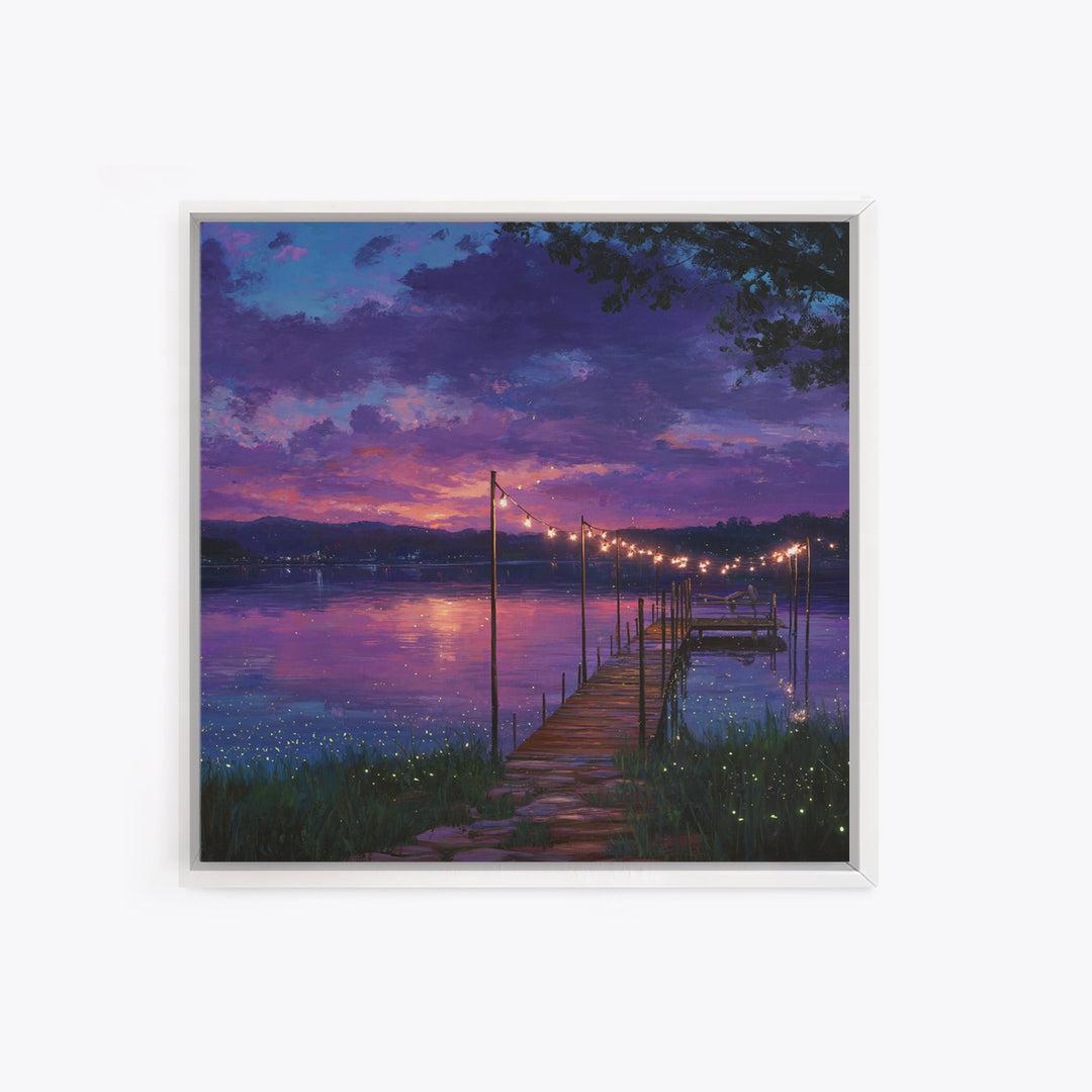 Magical Lakeside Dock At Twilight Wall Art, Firefly Lake Sunset Painting, Calming Landscape Canvas Print Home Decor