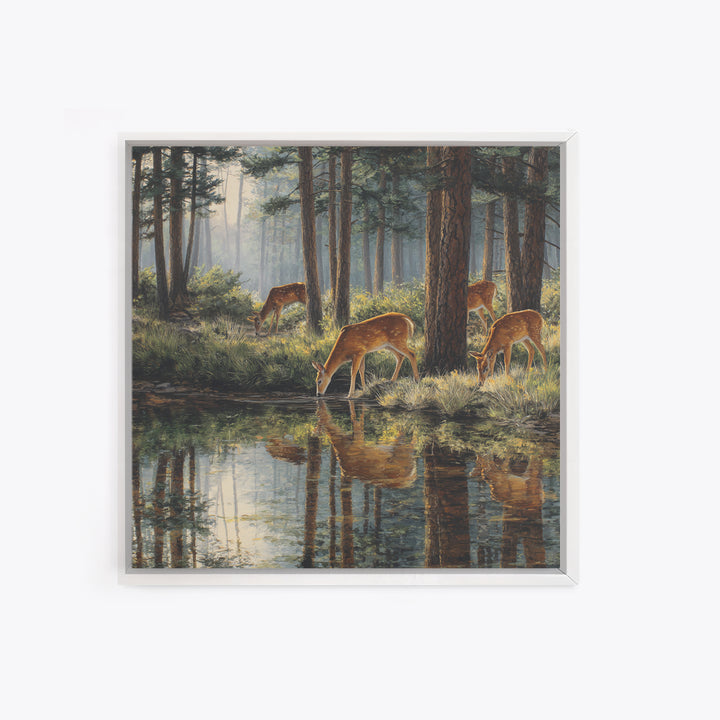 Deer Drinking At Forest Lake Wall Art, Peaceful Wildlife Landscape Canvas Print, Rustic Cabin Decor, Nature Inspired Living Room Art