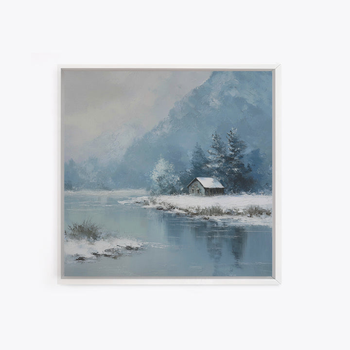 Winter Cabin By Lake Wall Art, Snowy Mountain Landscape Canvas Print, Cozy Rustic Home Decor For Living Room Or Cabin