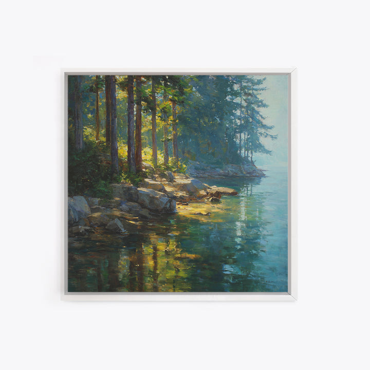 Sunlit Forest Lake With Reflections Landscape Wall Art, Nature Painting For Cabin Or Living Room, Canvas Print