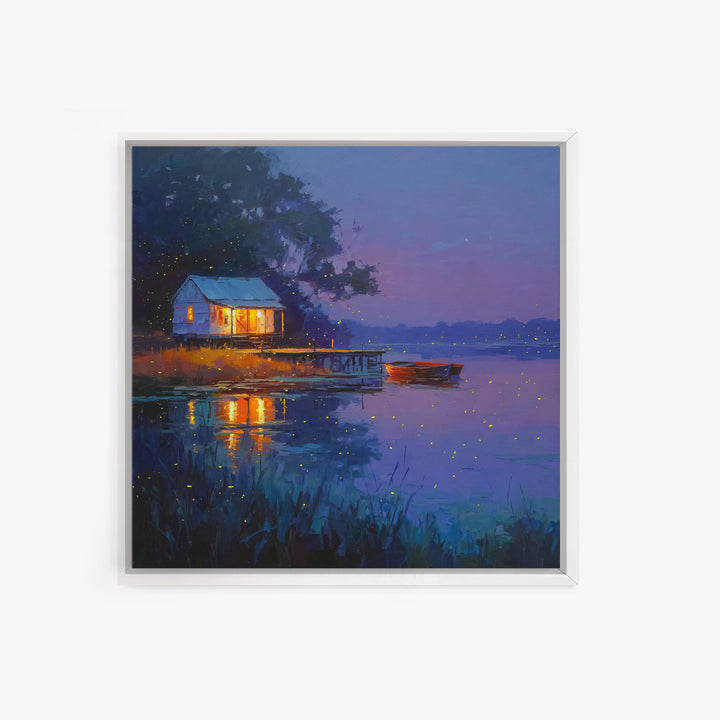 Cozy Lake Cabin At Dusk Framed Canvas Print, Fireflies Over Water Landscape Art, Rustic Wall Art For Cottage Or Living Room
