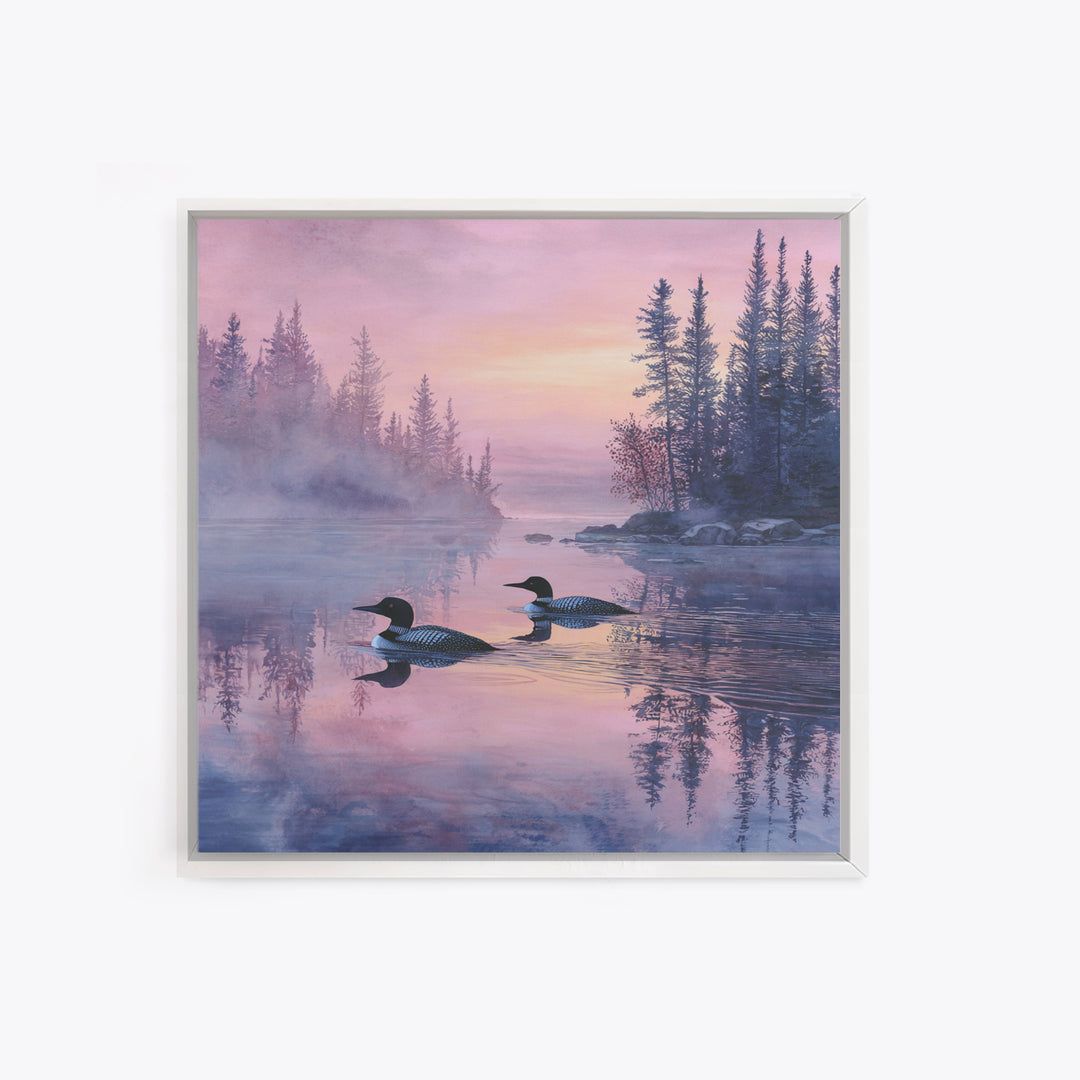 Misty Loon Lake Sunrise Wall Art, Tranquil Forest Landscape Canvas Print, Serene Cabin Decor, Peaceful Lake House Bedroom Art