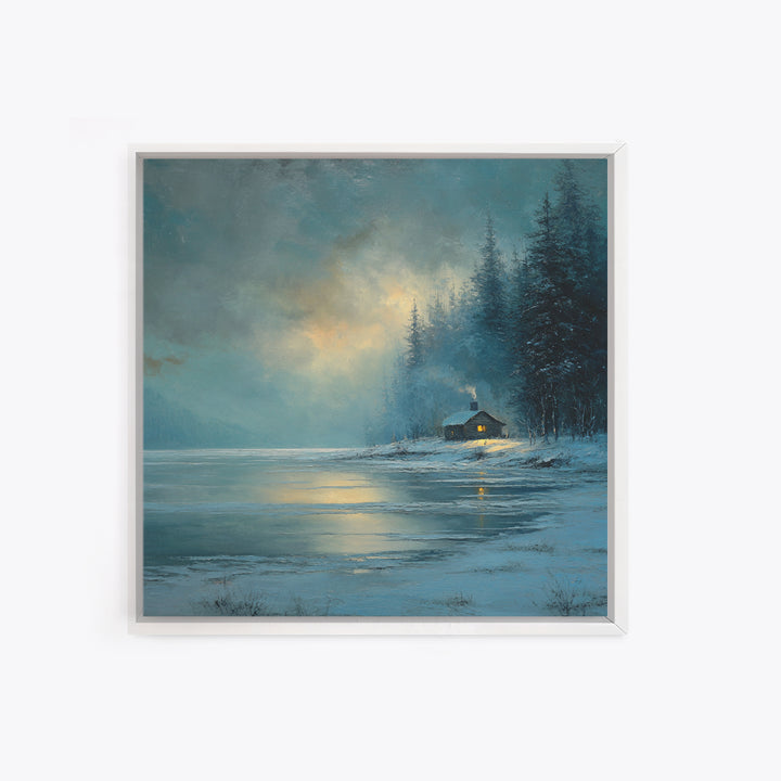 Cozy Winter Cabin By Frozen Lake Wall Art, Snowy Forest Landscape Framed Canvas Print, Rustic Cabin Decor, Calming Artwork