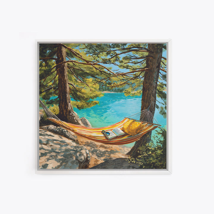 Hammock By Turquoise Lake Wall Art, Cozy Reading Nook In Pines Painting Print, Summer Cabin Home Decor Framed Canvas Print