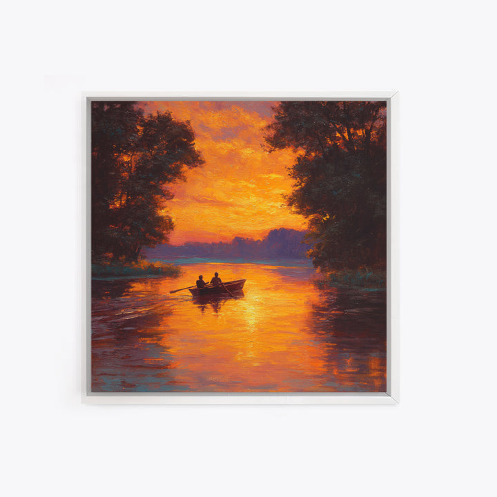 Couple Rowing Boat At Glowing Sunset Wall Art, Romantic Lake Landscape Canvas Print, Warm Living Room Home Decor