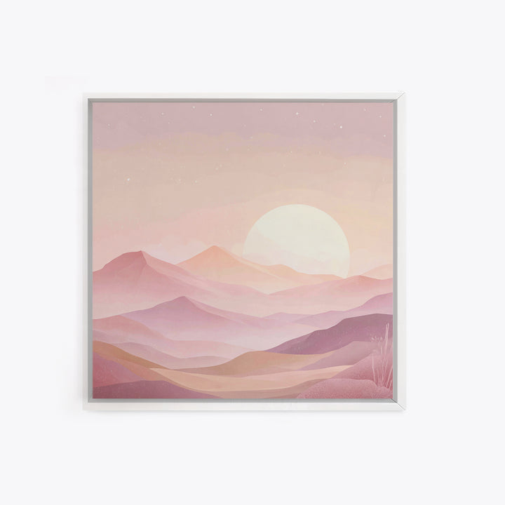 Minimalist Pink Moon Over Desert Mountains Wall Art, Celestial Landscape Print, Boho Bedroom Decor, Calming Nursery Art Gift