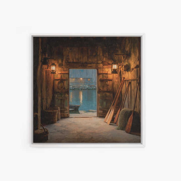 Warm Boat House Interior With Lanterns At Dusk Wall Art, Rustic Nautical Home Decor, Coastal Lake Framed Canvas Print