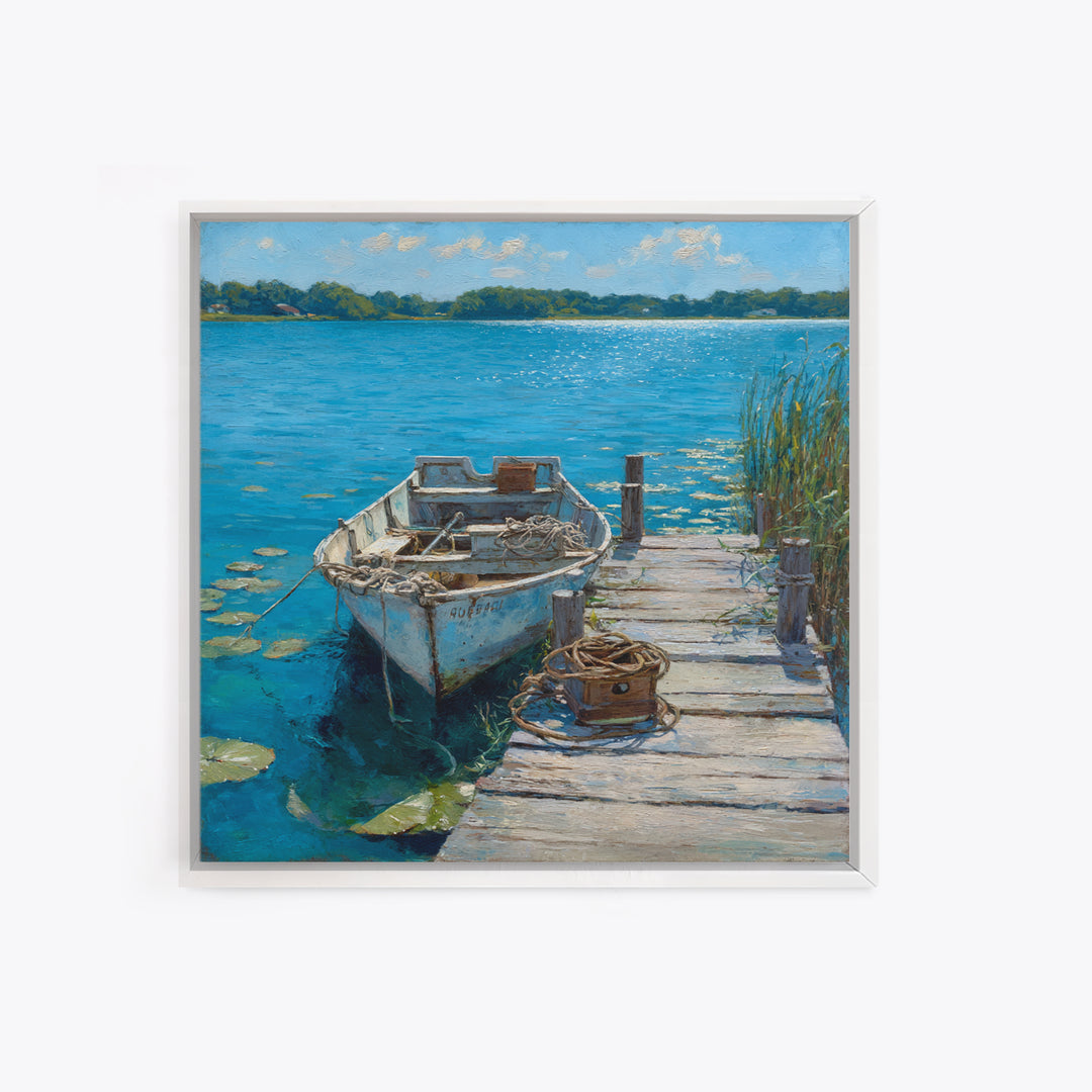 Serene Rowboat Lake Landscape Wall Art For Beach House Decor, Coastal Seascape Canvas Print, Nautical Living Room Artwork