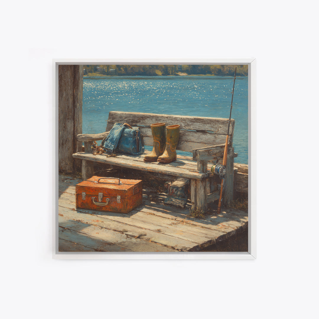 Rustic Fishing Dock Bench Wall Art, Lake Cabin Waterfront Canvas Print, Coastal Country Home Decor