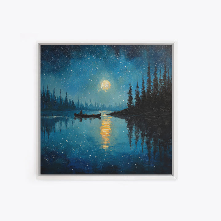Moonlit Lake Canoe Night Landscape Wall Art, Starry Sky Reflection Print, Calming Nature Decor For Bedroom Wall Art
