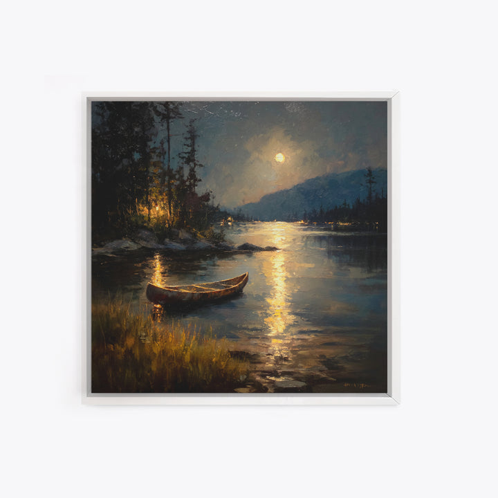Moody Moonlit Lake Canoe Wall Art, Romantic Night Landscape Print, Rustic Cabin Decor, Calming Nature Art For Bedroom Or Living Room