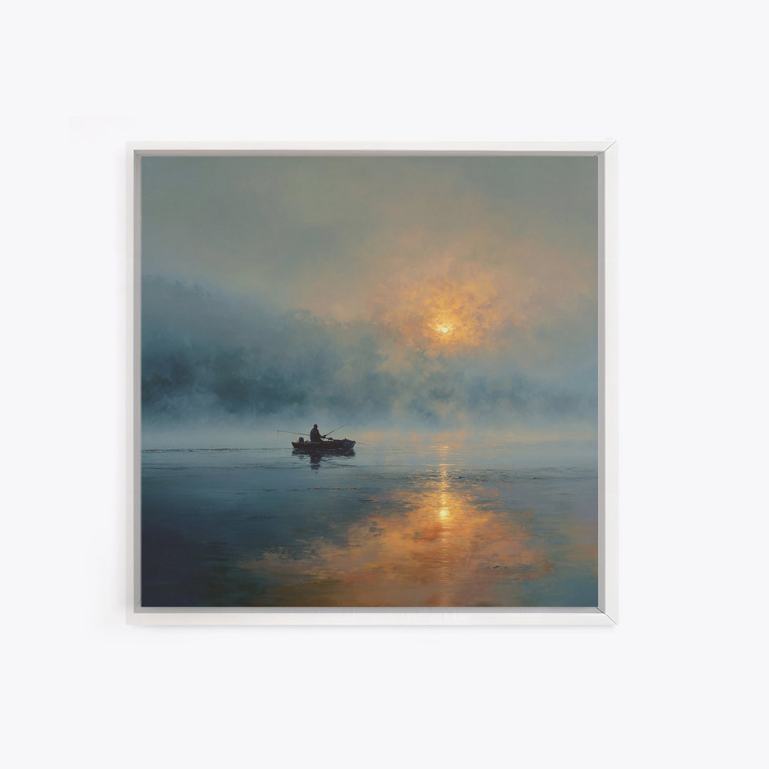 Misty Lake Sunrise Fisher In Boat Landscape Wall Art, Calming Nature Canvas Print, Modern Home Decor Living Room Art