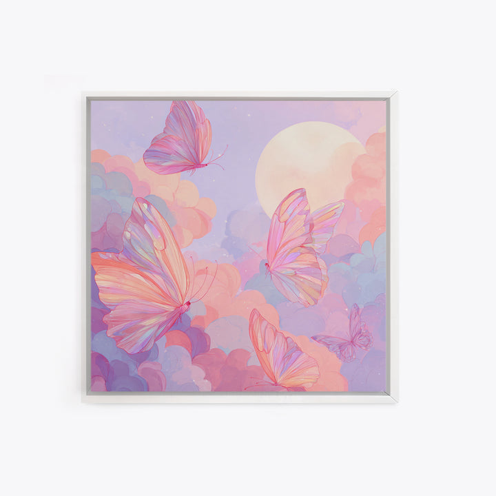 Pastel Pink Butterflies Moon Wall Art, Dreamy Celestial Canvas Print, Coquette Nursery Decor, Whimsical Bedroom Art Gift For Her
