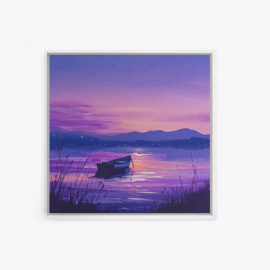 Purple Twilight Lake Boat Wall Art, Serene Sunset Landscape Canvas Print For Living Room Decor, Calming Modern Home Decor