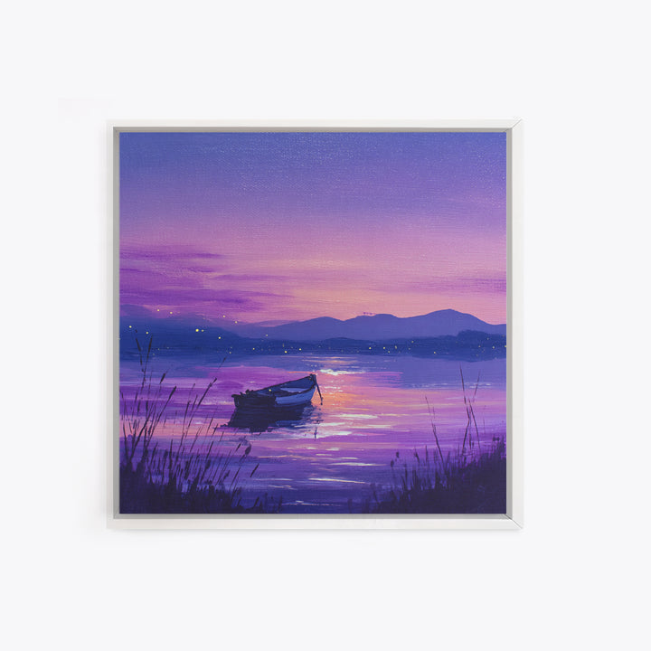 Purple Twilight Lake Boat Wall Art, Serene Sunset Landscape Canvas Print For Living Room Decor, Calming Modern Home Decor