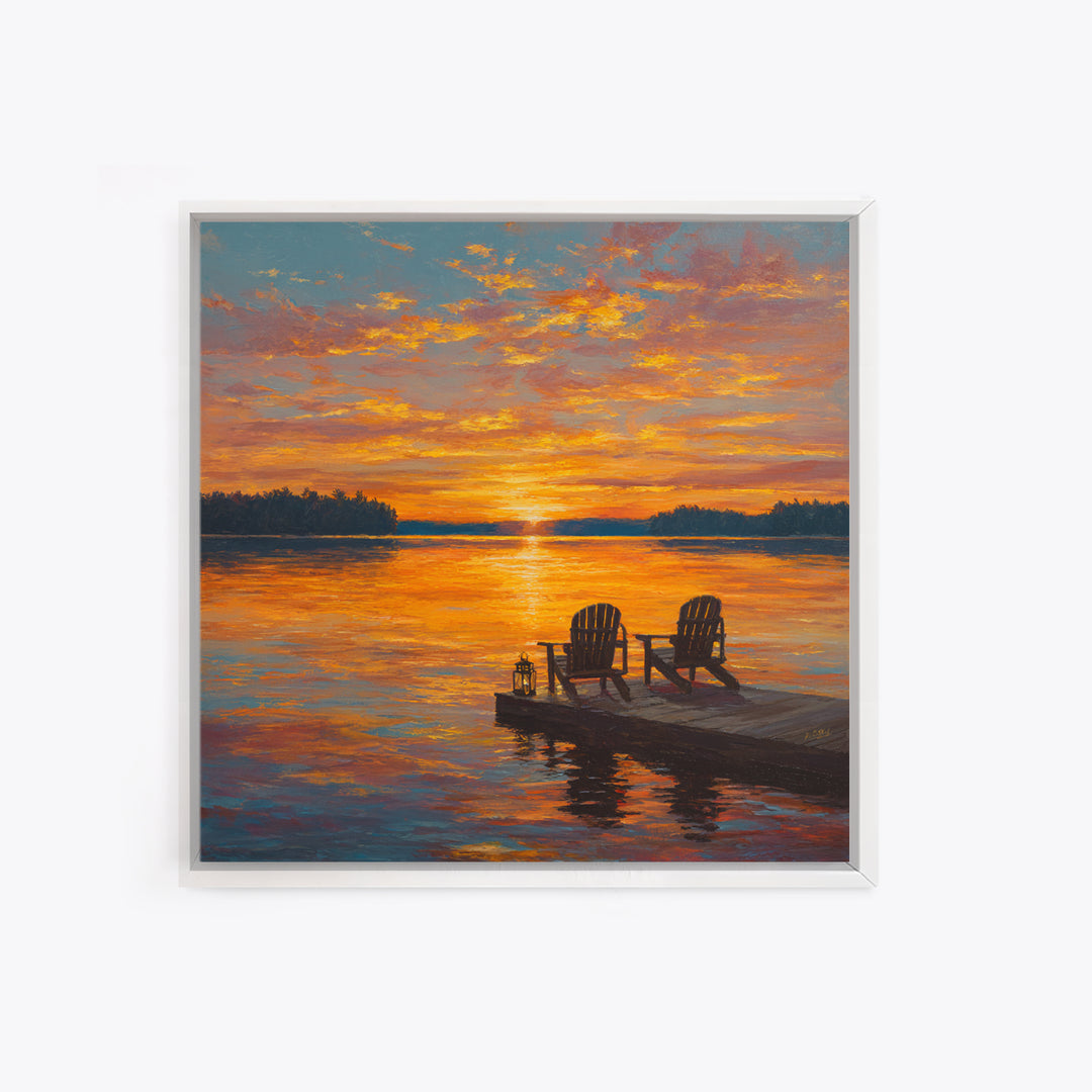 Lakeside Sunset With Adirondack Chairs Painting Wall Art, Romantic Lake Landscape Print, Cozy Cabin Summer Home Decor