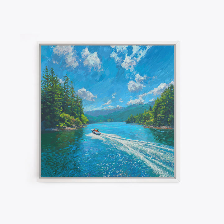Boat On Mountain Lake Impressionist Landscape Wall Art, Turquoise Lake Painting Print, Nature Wall Art For Living Room Decor