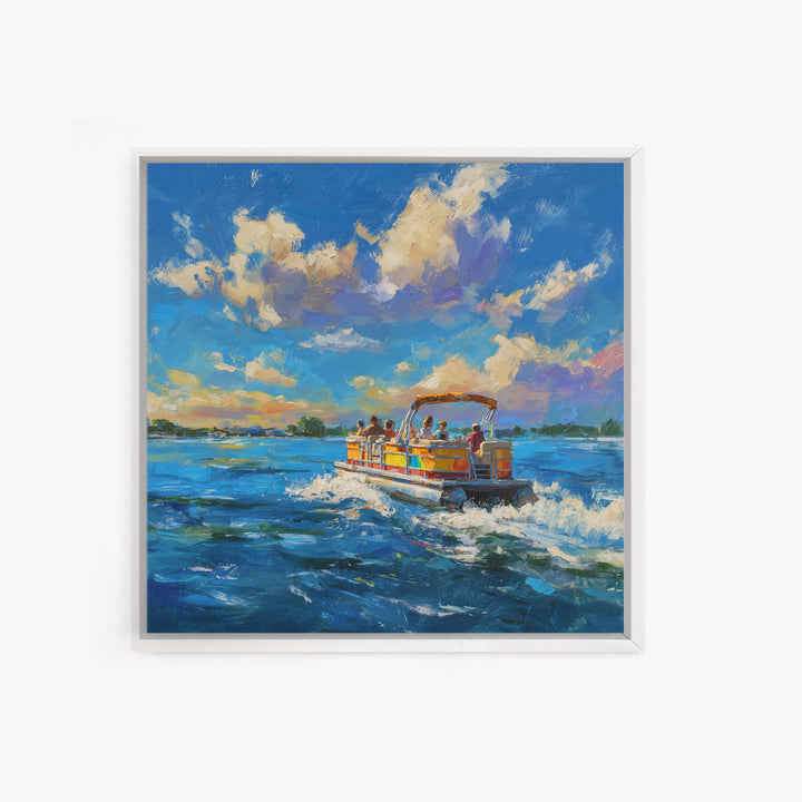 Sunny Boat Day Lake Oil Painting Wall Art, Colorful Coastal Art Print, Nautical Home Decor, Beach House Living Room Wall Art