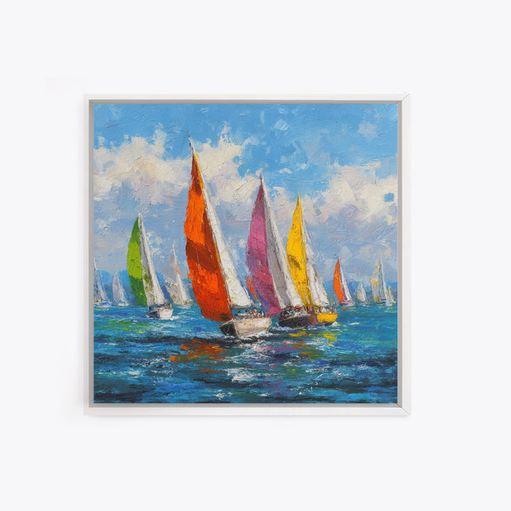 Colorful Sailboats Seascape Oil Painting Wall Art, Coastal Abstract Ocean Canvas Print, Beach House Decor Modern Nautical Art