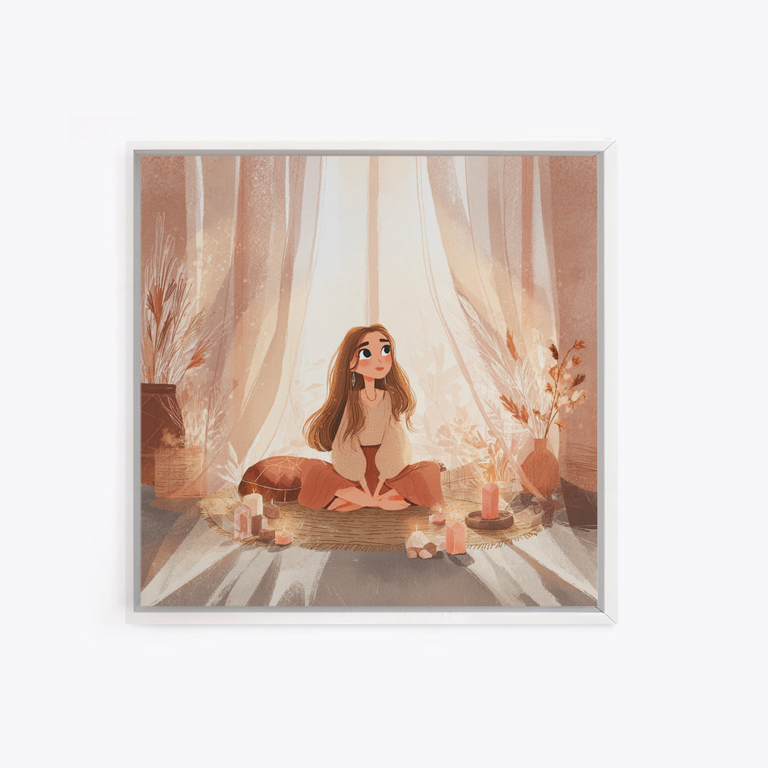 Cozy Meditation Girl With Candles Wall Art, Boho Spiritual Yoga Room Decor, Mindfulness Print, Peaceful Home Decor, Gift For Her