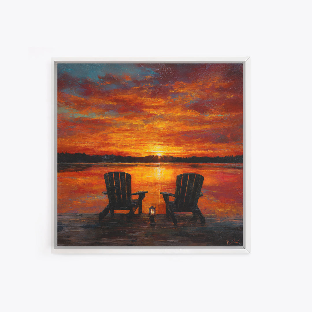 Romantic Lake Sunset Chairs Wall Art For Living Room Decor, Cozy Sunset Painting Canvas Print, Peaceful Landscape Art
