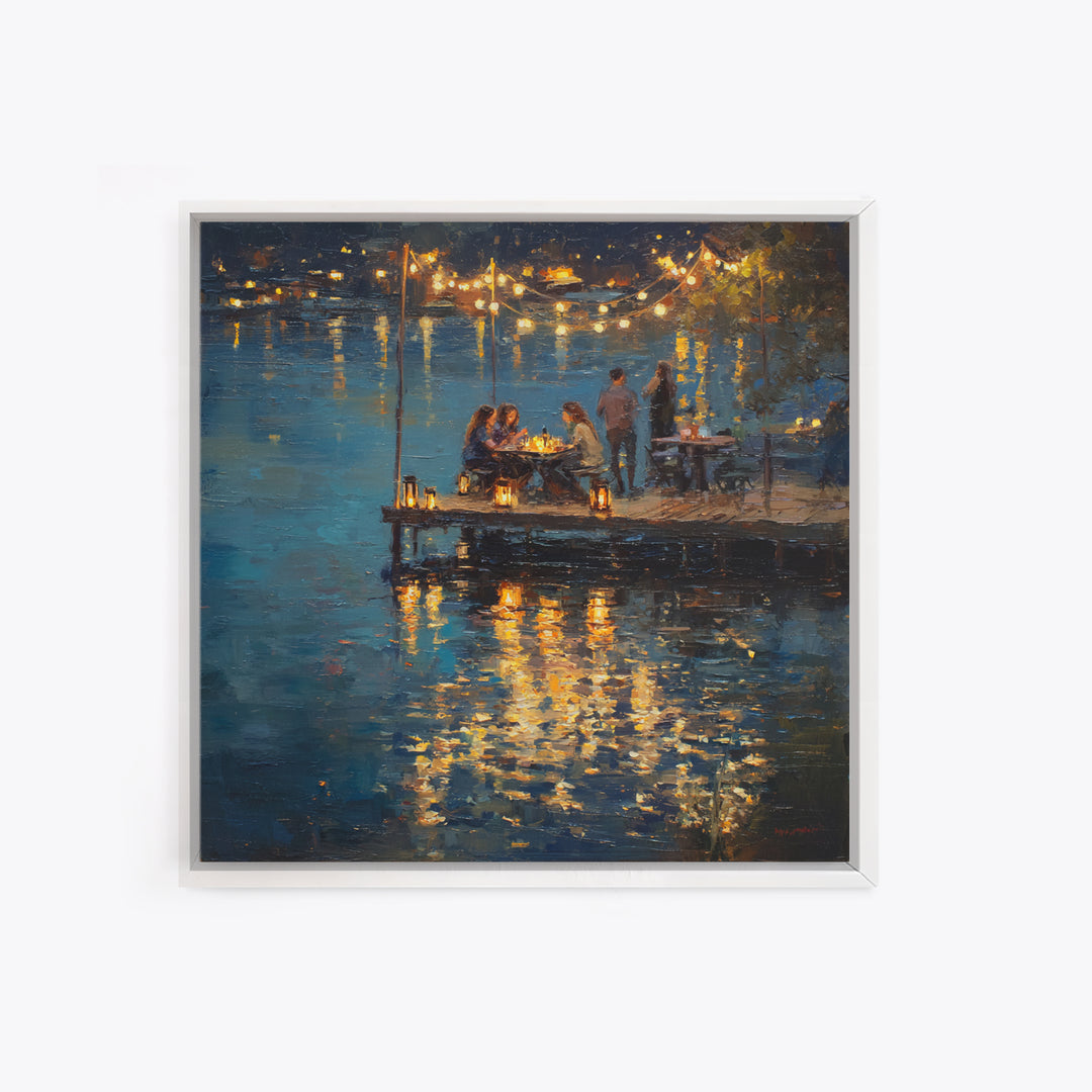 Romantic Lakeside Dinner Painting Wall Art, Warm Night Dock Scene Framed Canvas Print, Cozy Living Room And Dining Decor