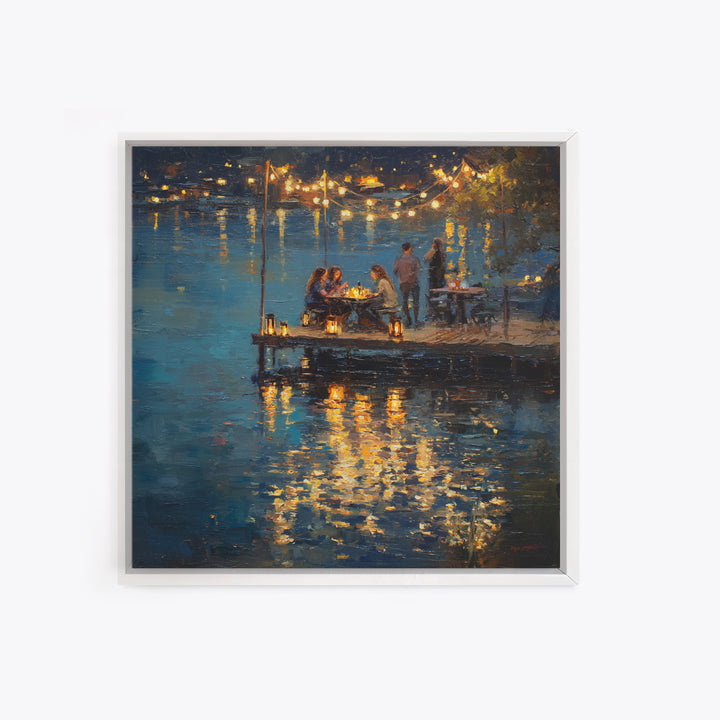 Romantic Lakeside Dinner Painting Wall Art, Warm Night Dock Scene Framed Canvas Print, Cozy Living Room And Dining Decor
