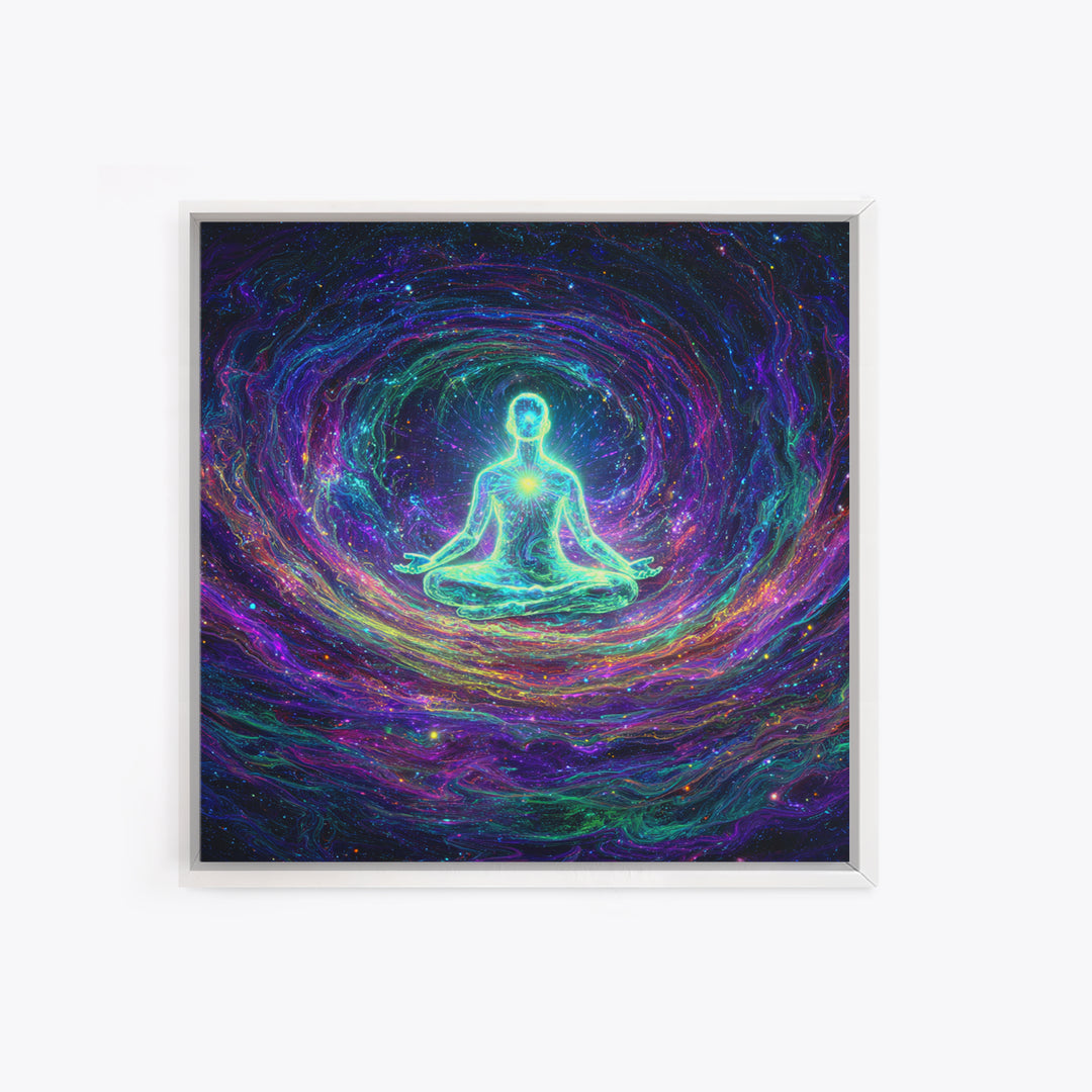 Glowing Figure Meditating In Cosmic Swirl Wall Art, Psychedelic Galaxy Canvas Print, Spiritual Mystical Home Decor