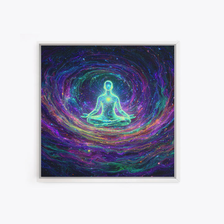 Glowing Figure Meditating In Cosmic Swirl Wall Art, Psychedelic Galaxy Canvas Print, Spiritual Mystical Home Decor