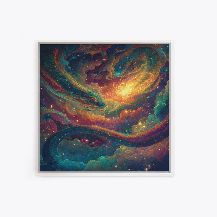 Cosmic Dragon And Phoenix Fantasy Wall Art, Colorful Celestial Galaxy Framed Canvas Print, Mystical Surreal Home Decor