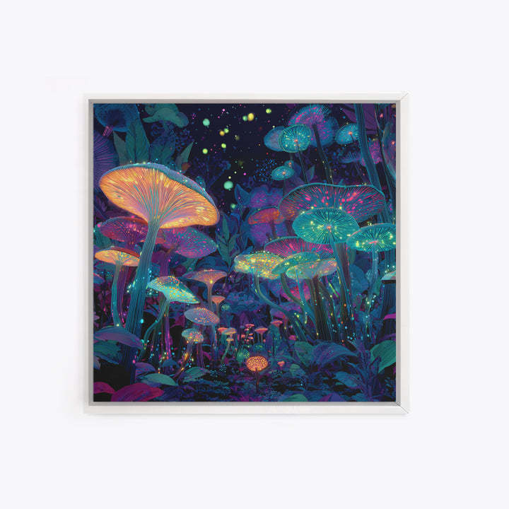 Glowing Mushrooms Fantasy Forest Wall Art, Whimsical Night Garden Painting, Colorful Nature Art Print, Magical Canvas Print