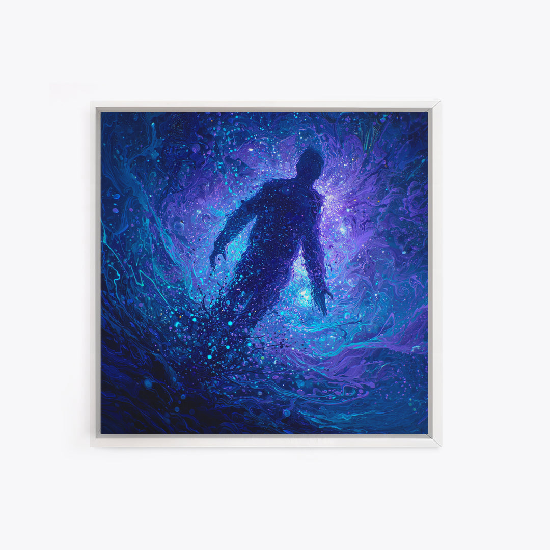 Surreal Figure Floating In Cosmic Blue Swirl Canvas Print, Abstract Space Art, Mystical Wall Art For Modern Living Room Decor