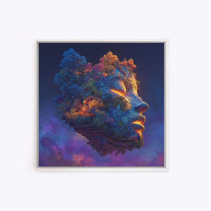 Cosmic Mother Earth Face Wall Art, Fantasy Floating Island Landscape Canvas Print, Vibrant Galaxy Home Decor