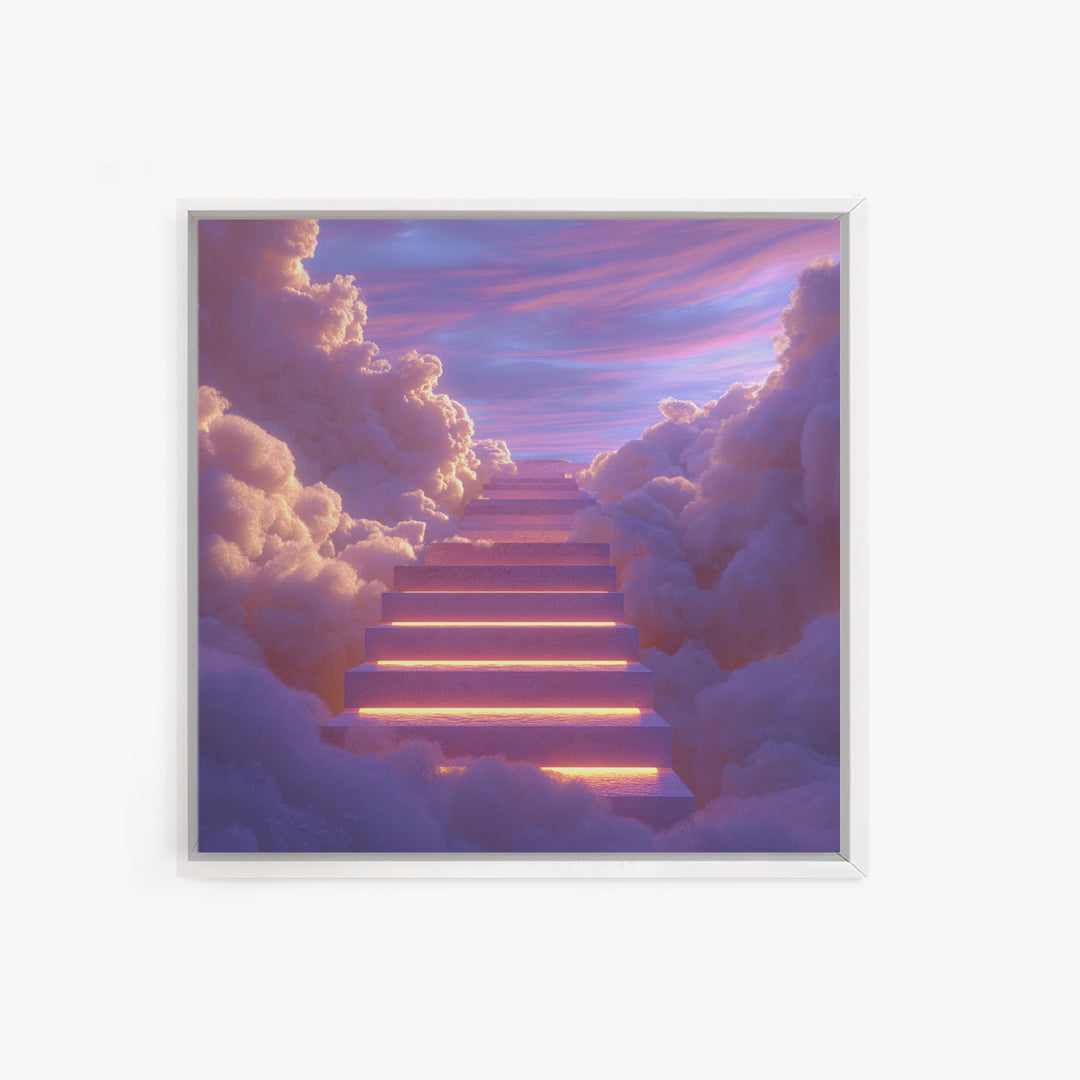 Glowing Stairway Through Pastel Clouds Wall Art, Dreamy Celestial Canvas Print, Calming Bedroom Decor For Nursery And Meditation Room