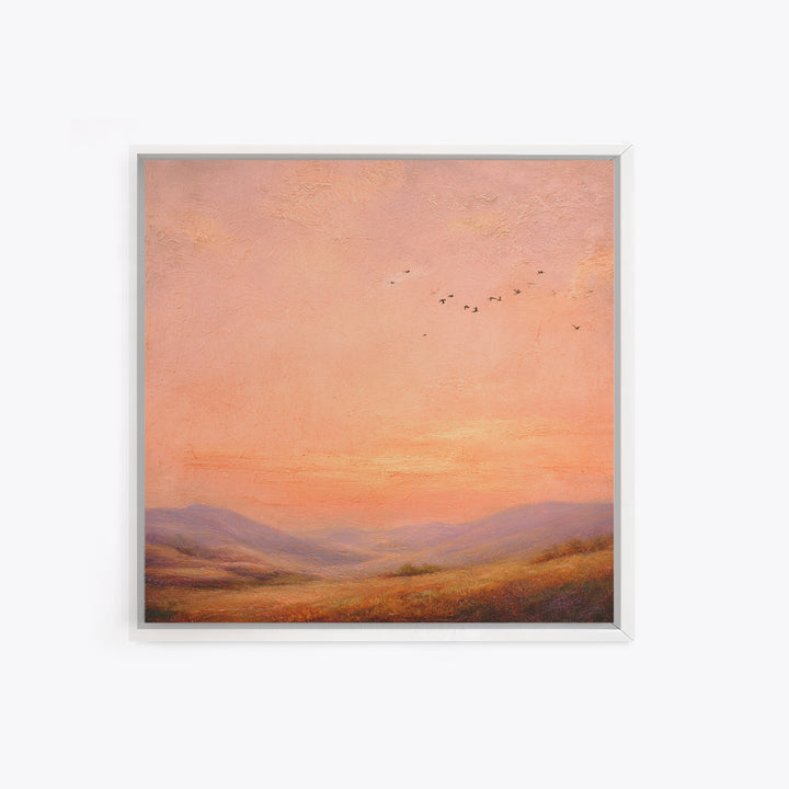 Peach Sunset Valley Landscape Wall Art, Textured Oil Painting Print, Warm Nature Decor, Large Living Room Canvas Wall Decor