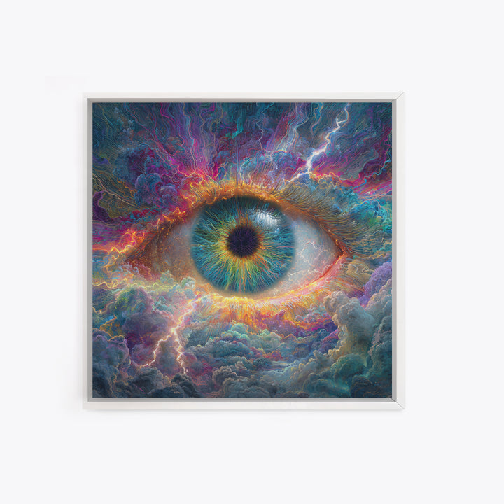 Cosmic Eye In Storm Clouds Framed Canvas Print, Surreal Celestial Wall Art, Psychedelic Visionary Decor For Office And Living Room