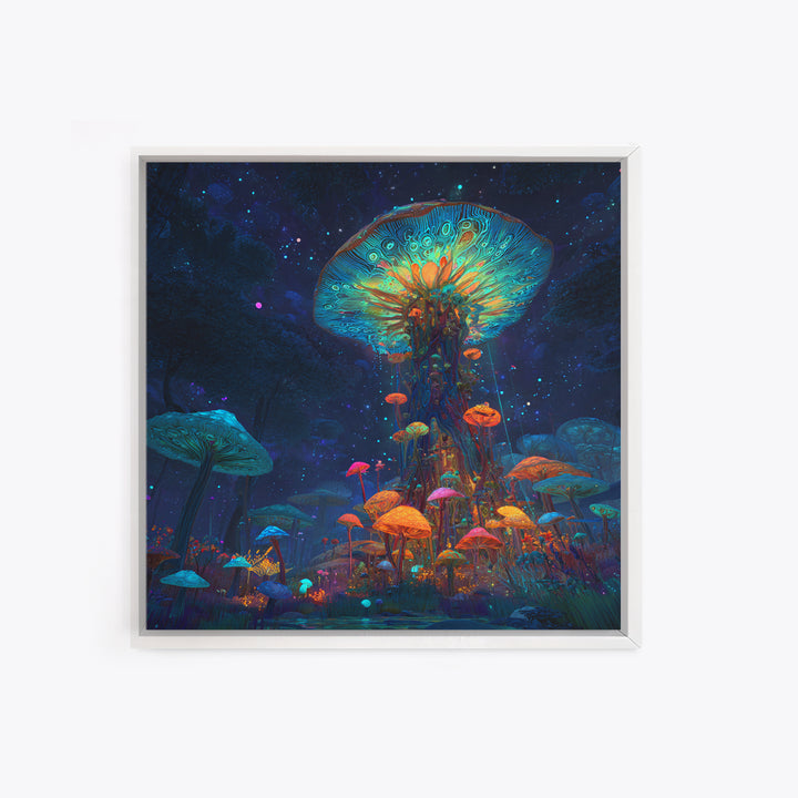 Enchanted Bioluminescent Mushroom Forest Wall Art, Vibrant Fantasy Landscape Canvas Print, Whimsical Nature Home Decor