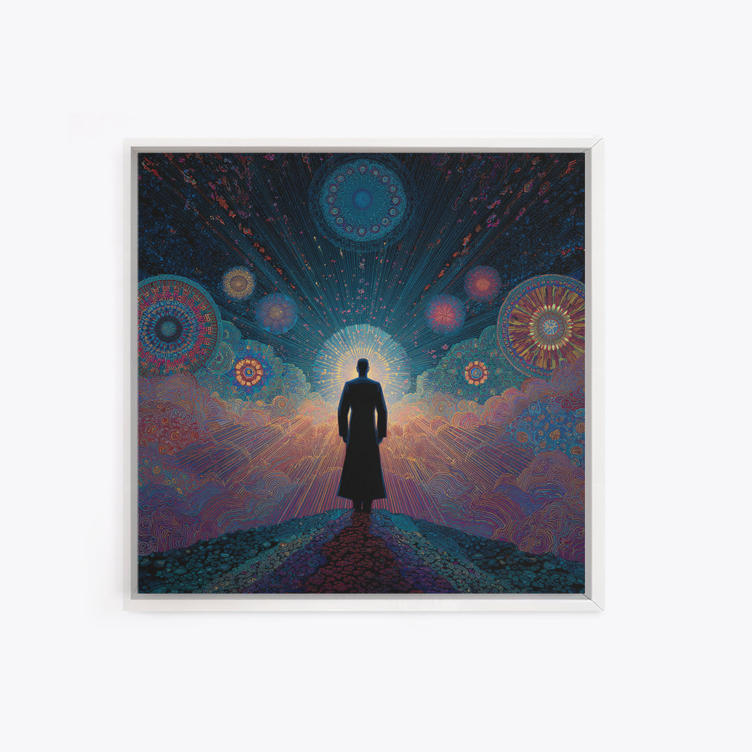 Mystical Figure Under Cosmic Sky Wall Art, Psychedelic Galaxy Path Print, Spiritual Visionary Surreal Art Canvas Print
