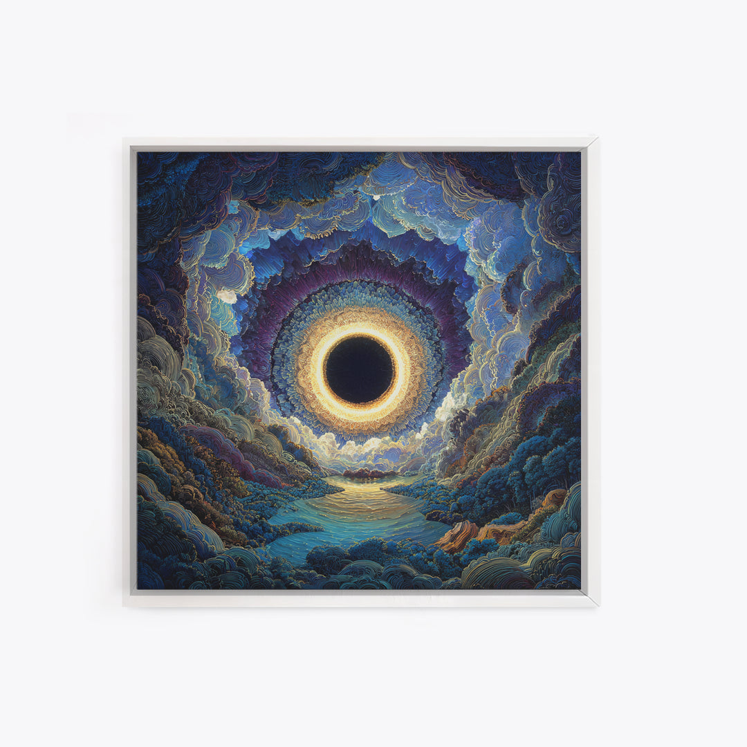 Mystic Solar Eclipse Over Blue Valley Framed Canvas Print, Celestial Landscape Wall Art, Moody Fantasy Home Decor For Bedroom